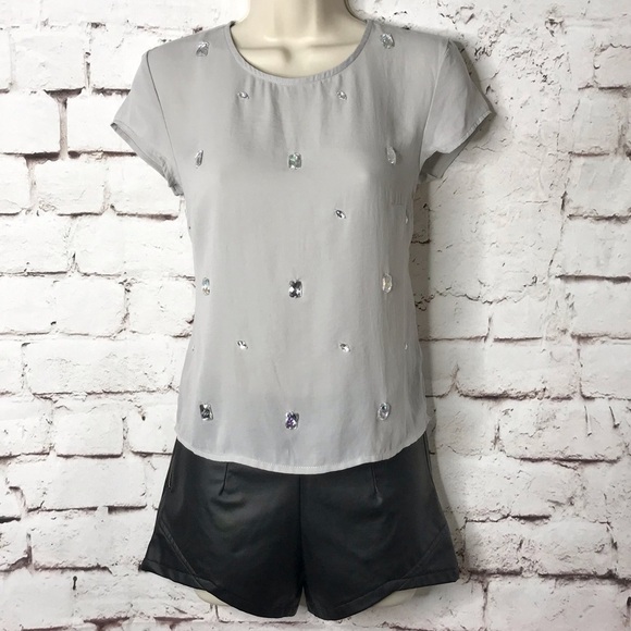 H&M DIVIDED sheer grey top with clear crystal embellishments short sleeve Size 2 - Picture 1 of 15